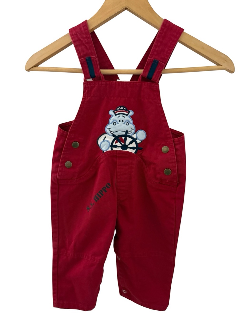 VINTAGE RED Kids Baby OVERALLS with Hippo Appliqué 24M